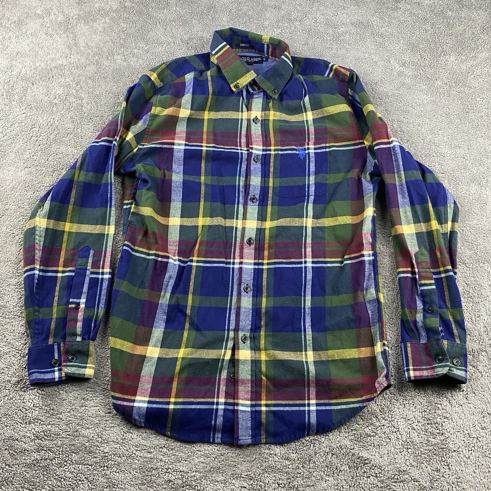 U.S. Polo Assn. Button Down Shirt Mens Small Blue Plaid Long Sleeve Stretch